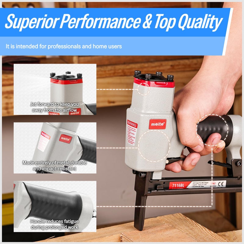 meite 7116BL Pneumatic Upholstery Stapler with Long Nose-1/4-Inch to 5/8-Inch 22 Gauge 3/8'' Crown Fine Wire Stapler - Image 5